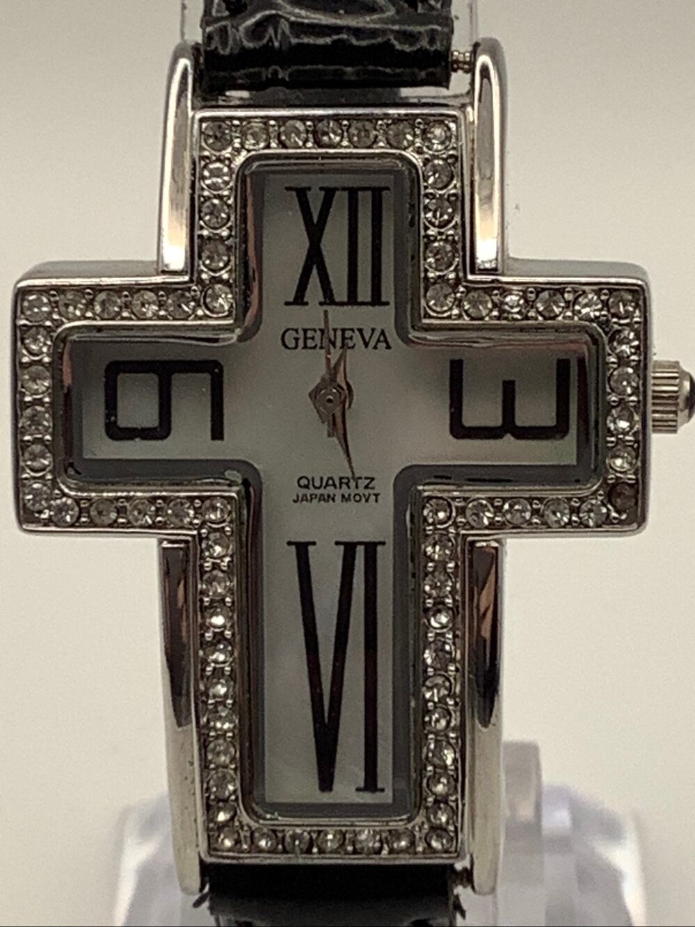 Geneva Rhinestone Cross Watch Black Band New Battery